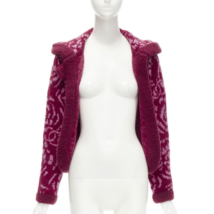 rare CHANEL red pink Camellia CC wool fluffy boucle trim cardigan jacket FR34 XS