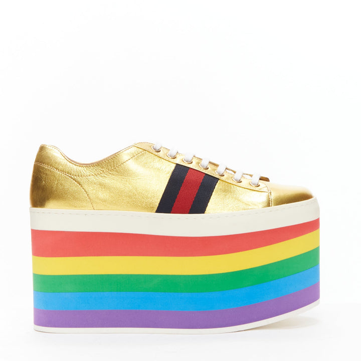 GUCCI Alessandro Michele Peggy rainbow gold web platform sneakers EU37.5