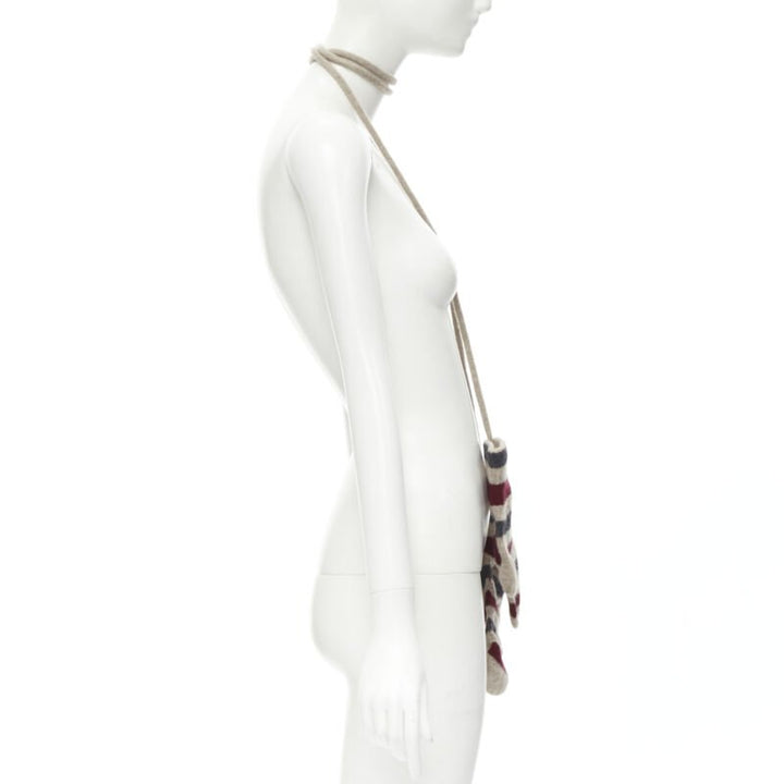 BURBERRY 100% lambs wool red black beige striped mitten glove on string