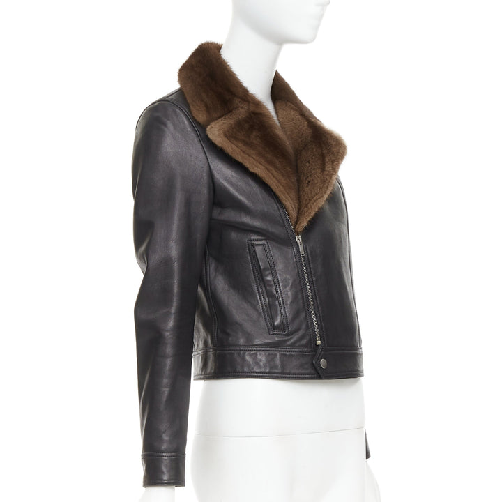 SAINT LAURENT 2018 brown mink fur black lambskin leather biker jacket FR38 M