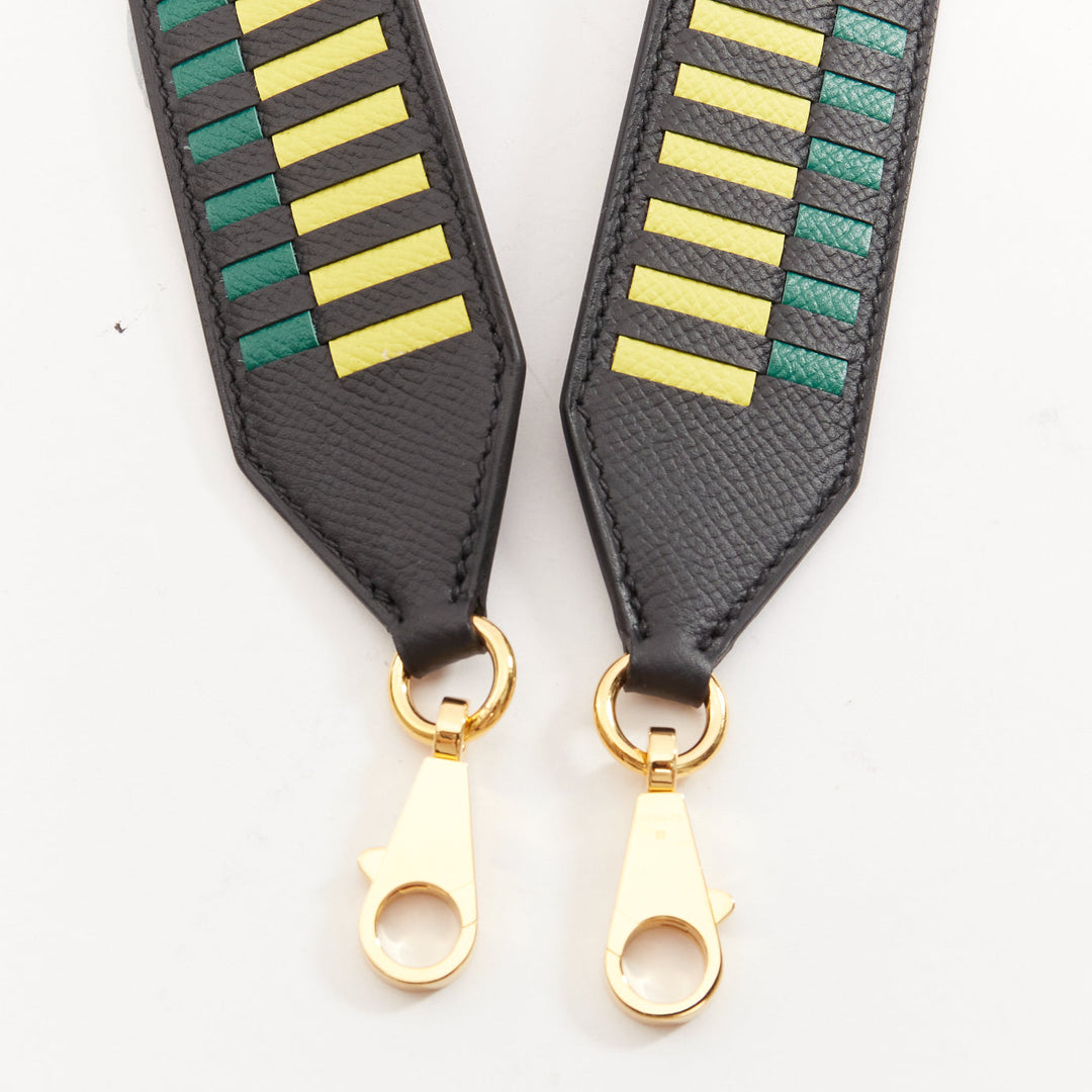 HERMES Sangle Cavale 40 green yellow black woven leather gold hardware strap