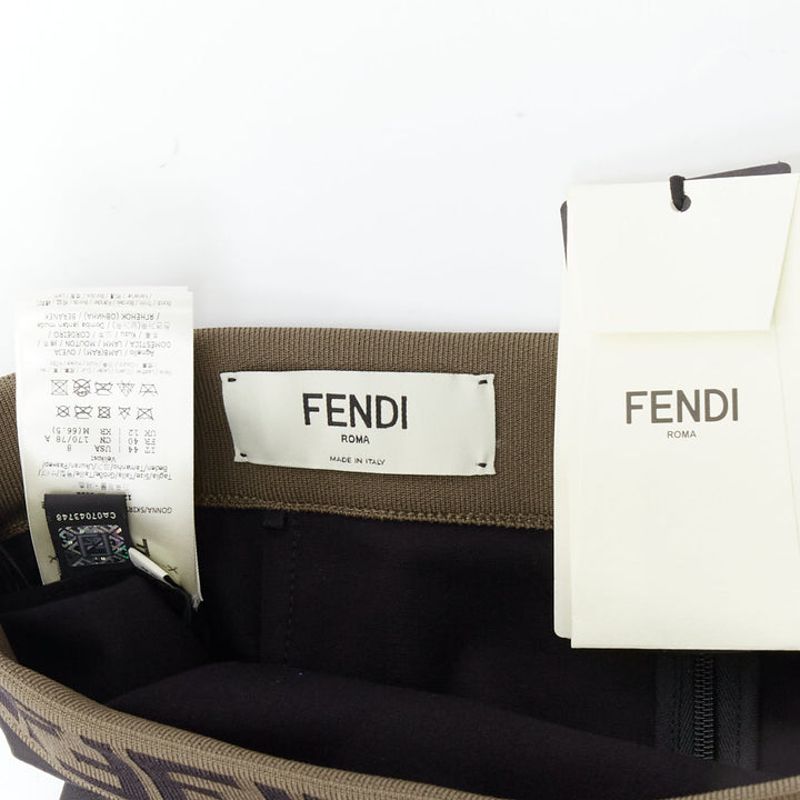 FENDI Gonna khaki FF monogram waist black lamb leather pencil skirt IT44 L
