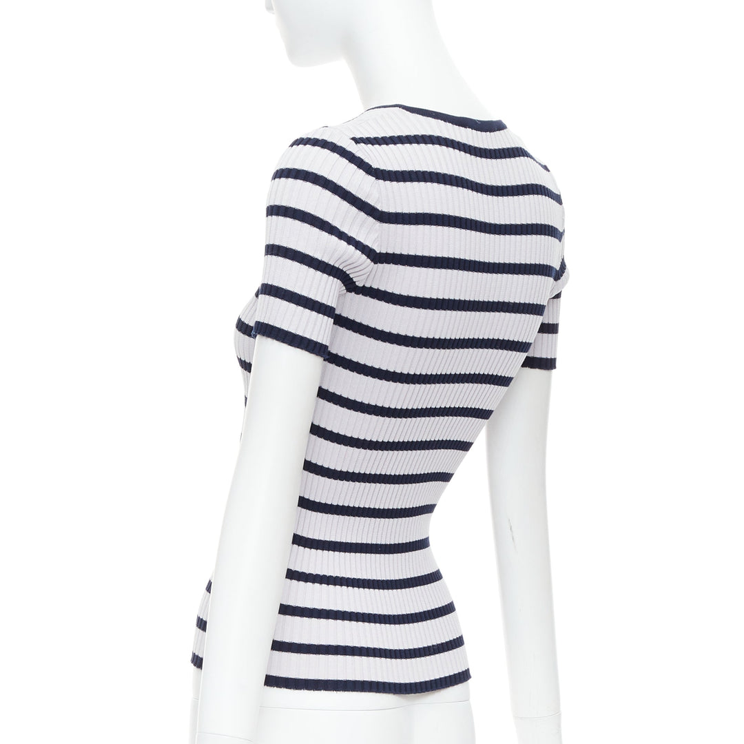 CHANEL 98P Vintage black grey ribbed cotton nautical striped logo top FR36 S