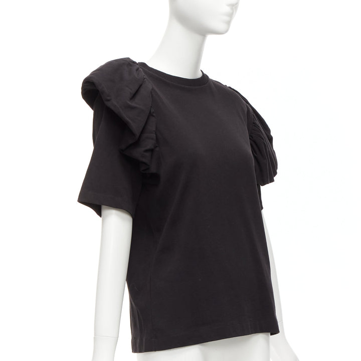 DRIES VAN NOTEN black cotton asymmetric ruffle half sleeve boxy top S