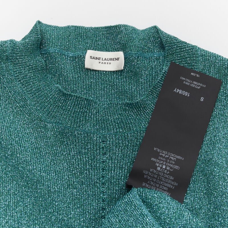 SAINT LAURENT turquoise blue metallic lurex lattice seam knitted top S