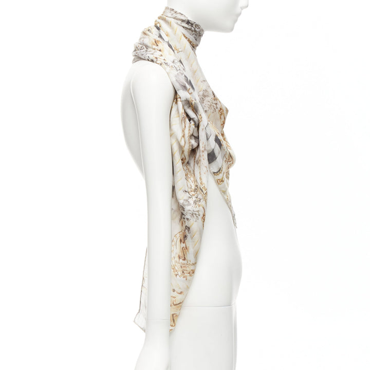 BALMAIN cream modal cashmere chain check tromp loeil print scarf