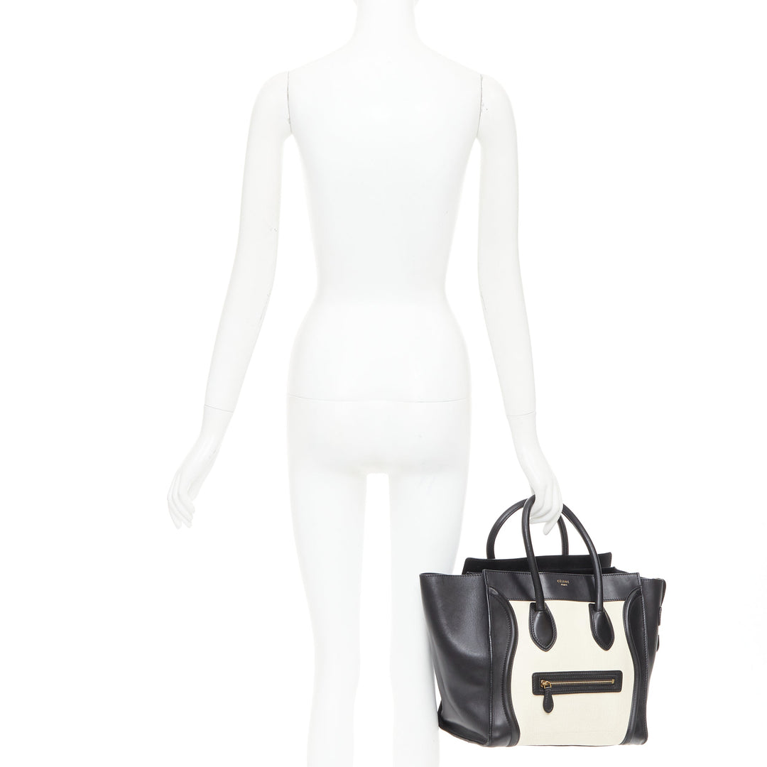 CELINE Luggage Mini black cream bicolor nubuck calfskin flared bag