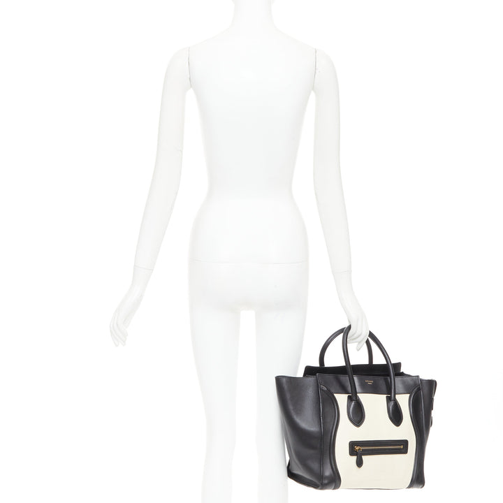 CELINE Luggage Mini black cream bicolor nubuck calfskin flared bag