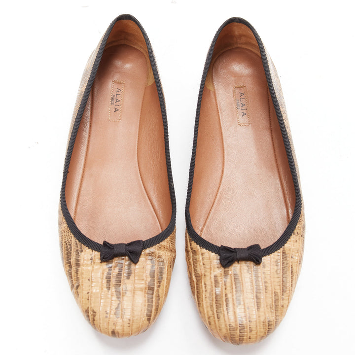 ALAIA brown scaled leather black bow trim ballerina flats shoes EU37