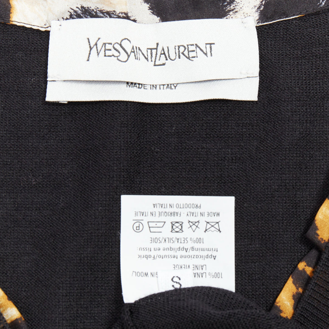 YVES SAINT LAURENT black virgin wool leopard silk trim sweater vest S