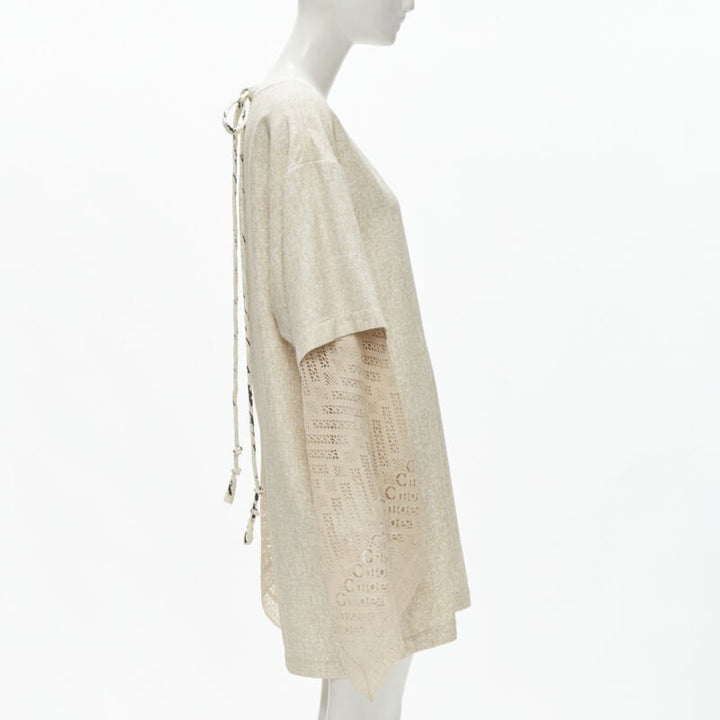CHLOE 2019 Sandy Khaki speckle bohemian crochet sleeves layered dress FR40 M