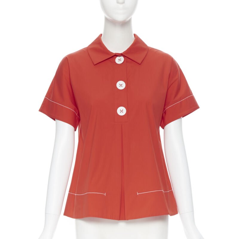 PIAZZA SEMPIONE red cotton blend white overstitch babydoll blouse top IT38