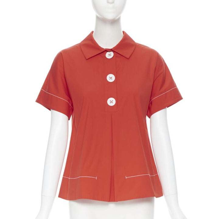 PIAZZA SEMPIONE red cotton blend white overstitch babydoll blouse top IT38