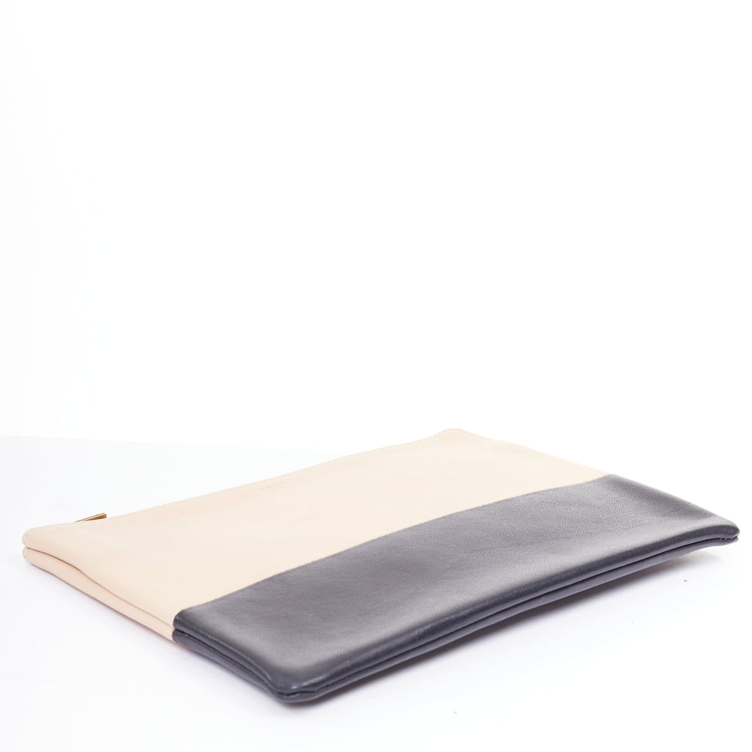 CELINE Solo beige black bicolor smooth leather gold logo pouch clutch
