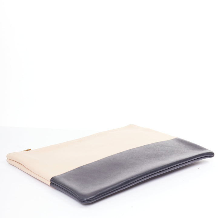 CELINE Solo beige black bicolor smooth leather gold logo pouch clutch