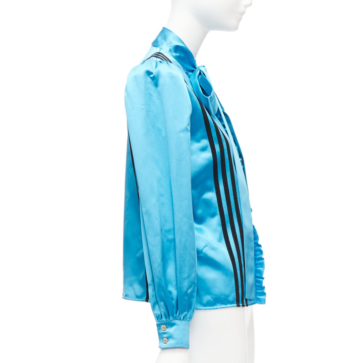 rare GUCCI ADIDAS blue silk 3 stripe pussy bow Victorian puff sleeve blouse IT38
