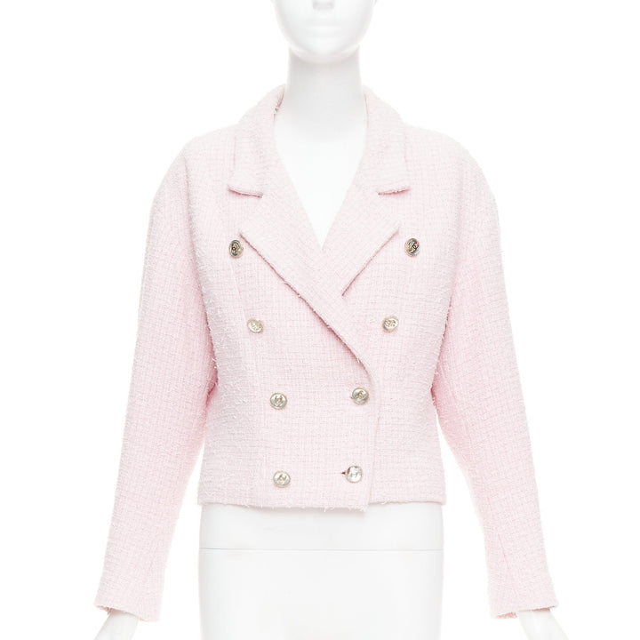 CHANEL 21P pink cotton tweed CC button double breasted cropped jacket FR38 M