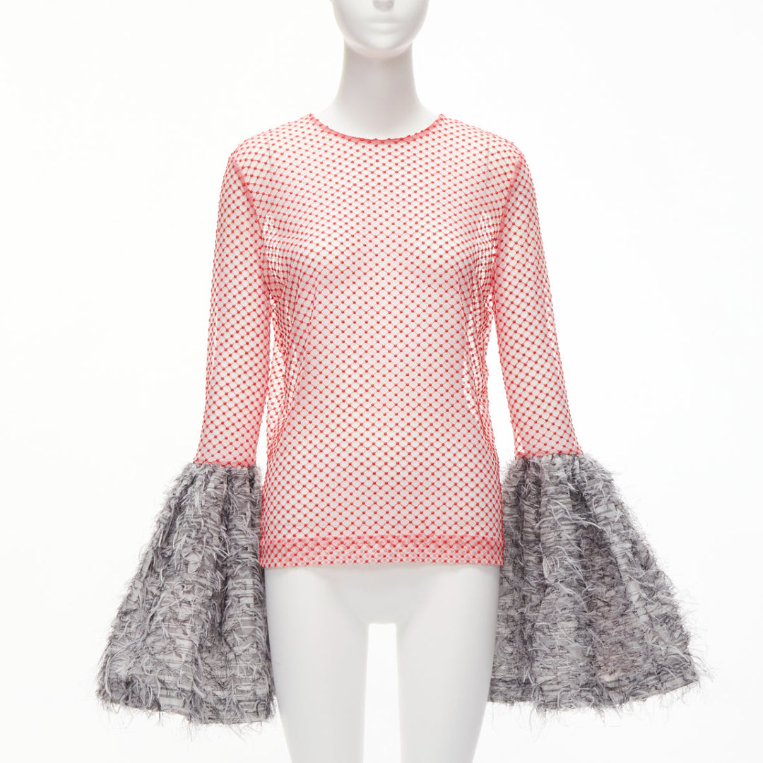 ANAIS JOURDEN red white textured mesh grey flared faux feather cuff top FR36 S