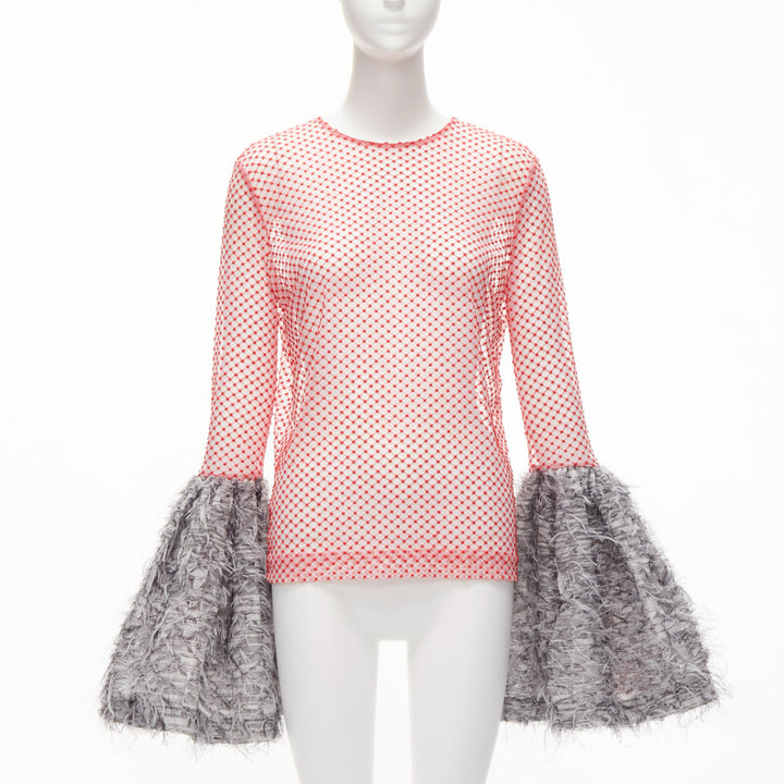 ANAIS JOURDEN red white textured mesh grey flared faux feather cuff top FR36 S