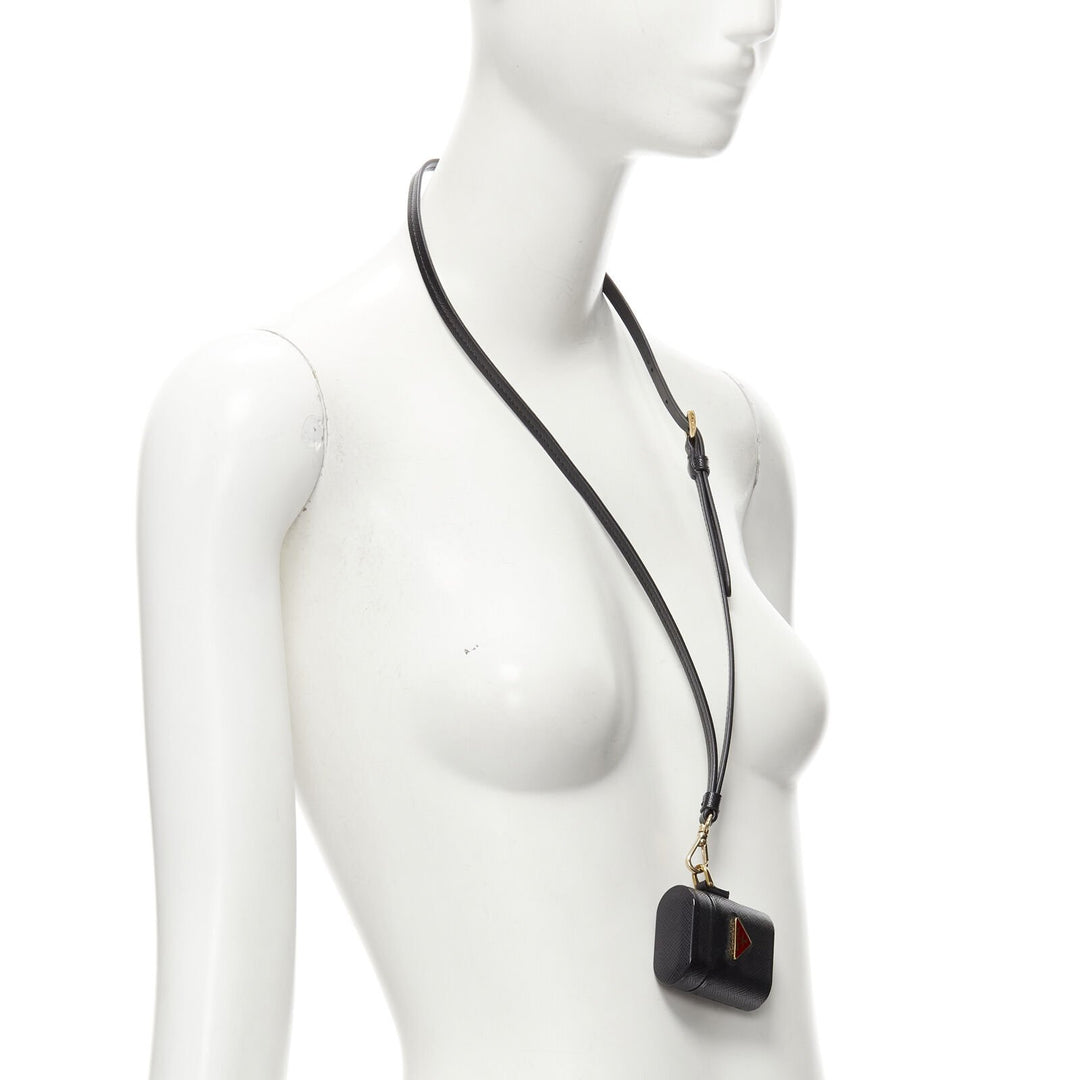 PRADA Symbole Triangle logo saffiano leather Ear Pod lanyard bag black red