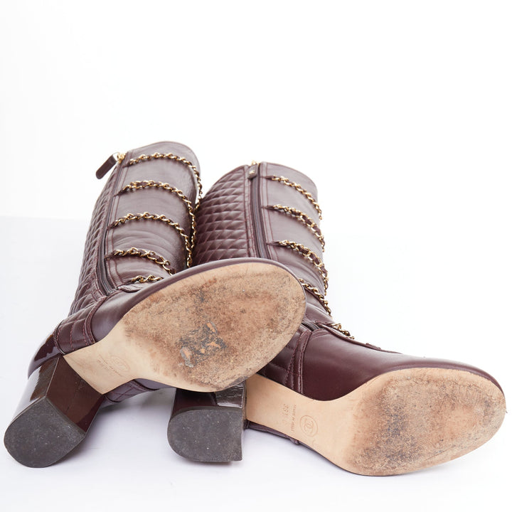 CHANEL 2017 Karl Lagerfeld burgundy lambskin gold chain quilted boots EU36.5