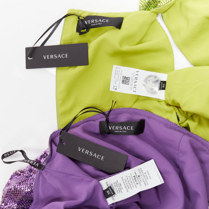 rare VERSACE 2022 Runway green purple metal chainmail safety pin top skirt IT38