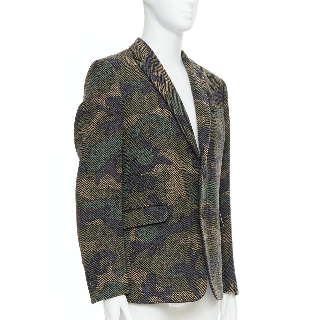 VALENTINO green camouflage print herringbone wool blazer jacket IT50 L