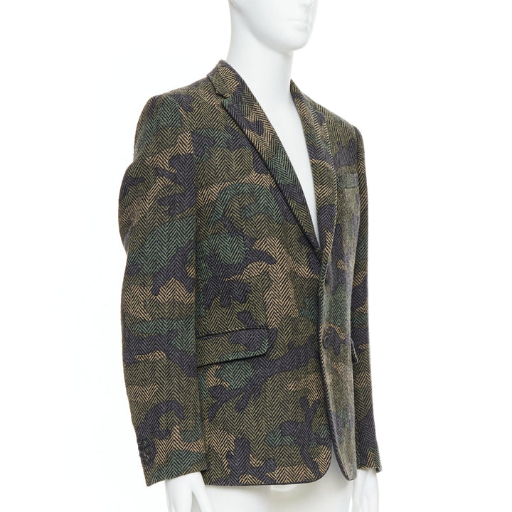 VALENTINO green camouflage print herringbone wool blazer jacket IT50 L