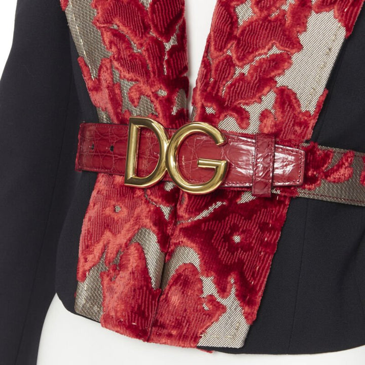 DOLCE GABBANA black wool gold red velvet cherub brooch belted blazer IT40