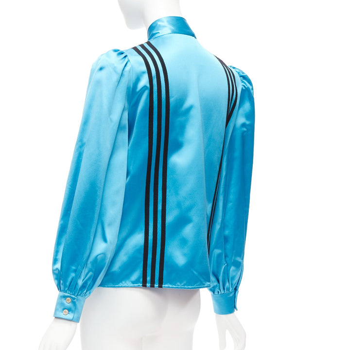 rare GUCCI ADIDAS blue silk 3 stripe pussy bow Victorian puff sleeve blouse IT38