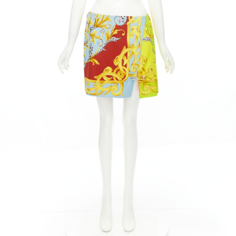 VERSACE Pop Acantus Barocco gold Medusa safety pin slit mini skirt IT40 S