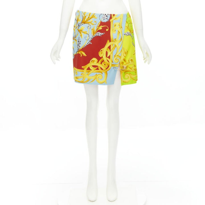 VERSACE Pop Acantus Barocco gold Medusa safety pin slit mini skirt IT40 S