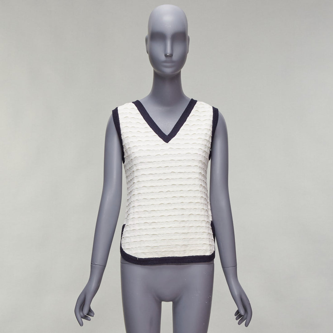 CHANEL cream cotton blend navy towelling trim CC logo knitted vest FR38 M