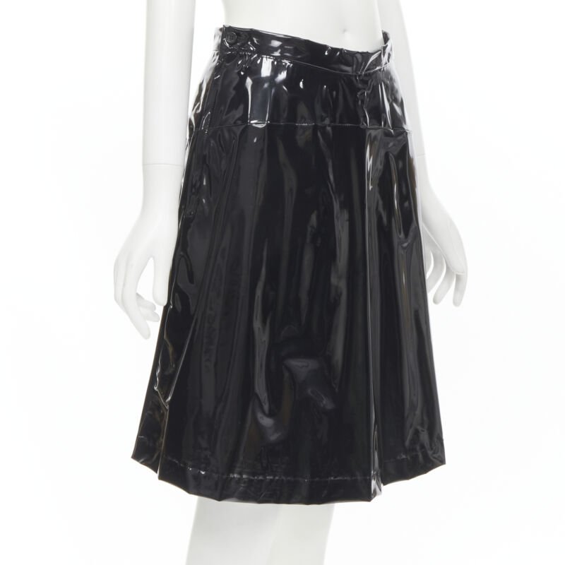 COMME DES GARCONS 1991 black vinyl plastic bias cut A-lined flared skirt L