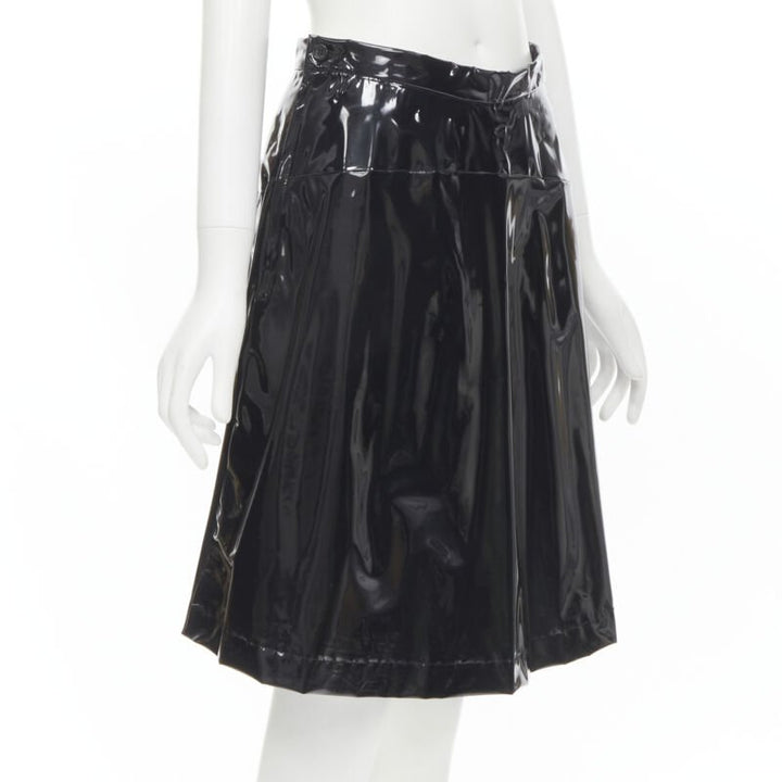 COMME DES GARCONS 1991 black vinyl plastic bias cut A-lined flared skirt L