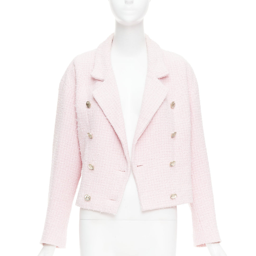 CHANEL 21P pink cotton tweed CC button double breasted cropped jacket FR38 M
