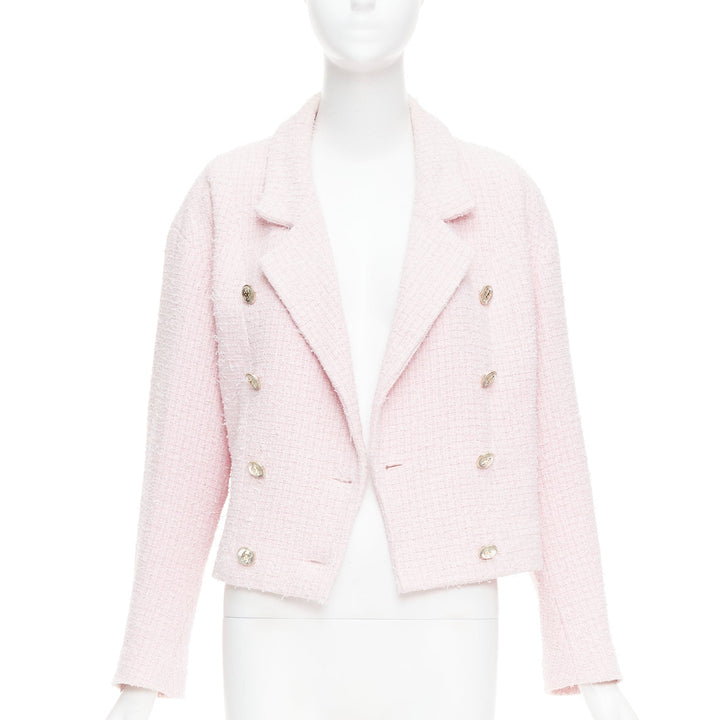 CHANEL 21P pink cotton tweed CC button double breasted cropped jacket FR38 M