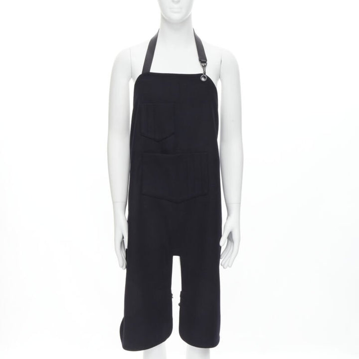 BALENCIAGA Runway black wool leather strap buckle apron dungaree