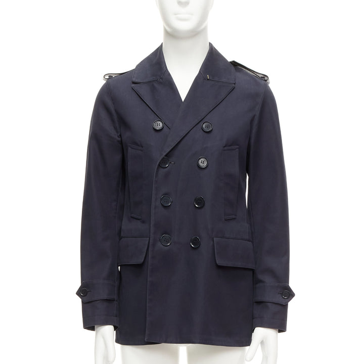 BURBERRY navy cotton wool lined leather epaulet short trench coat IT48 M