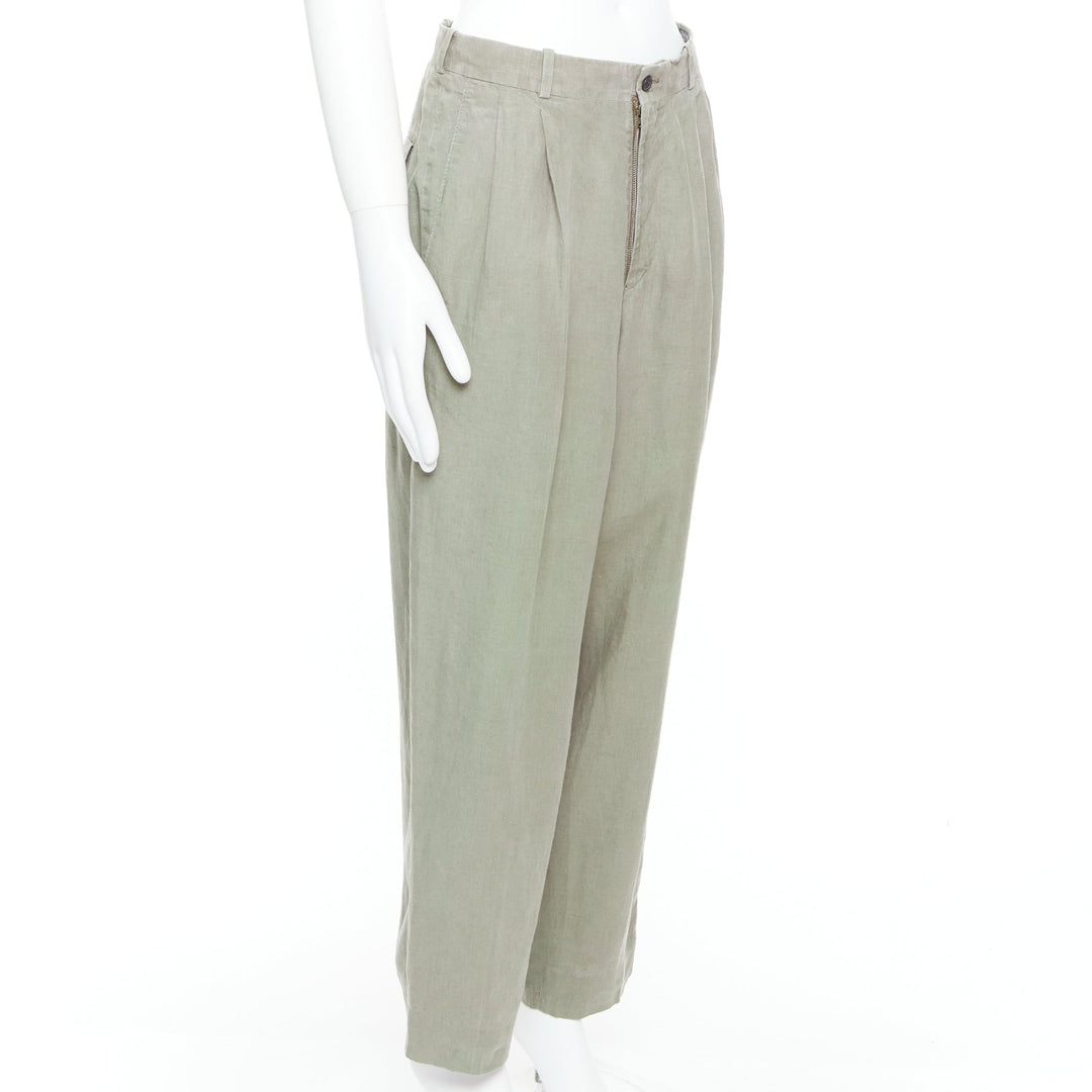 YOHJI YAMAMOTO khaki green linen pleated front tapered wide pants S