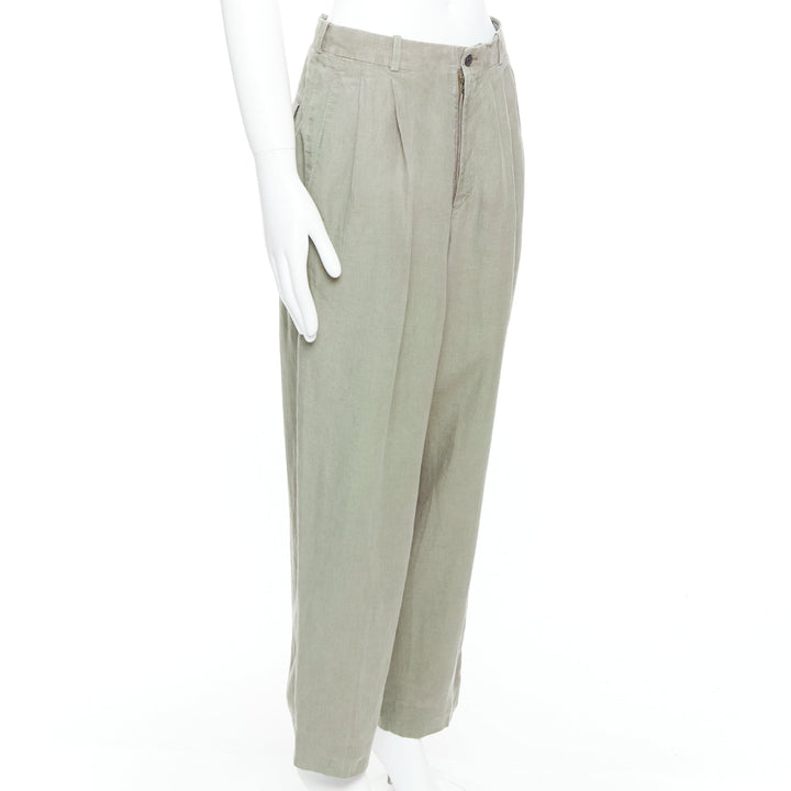 YOHJI YAMAMOTO khaki green linen pleated front tapered wide pants S