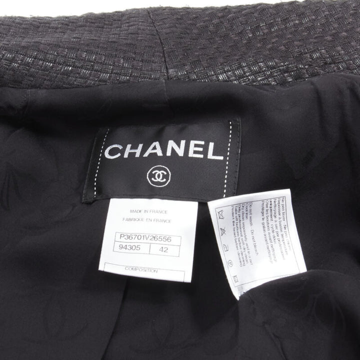 CHANEL lattice lacquered tweed bead embellished Lion CC button jacket FR42 L
