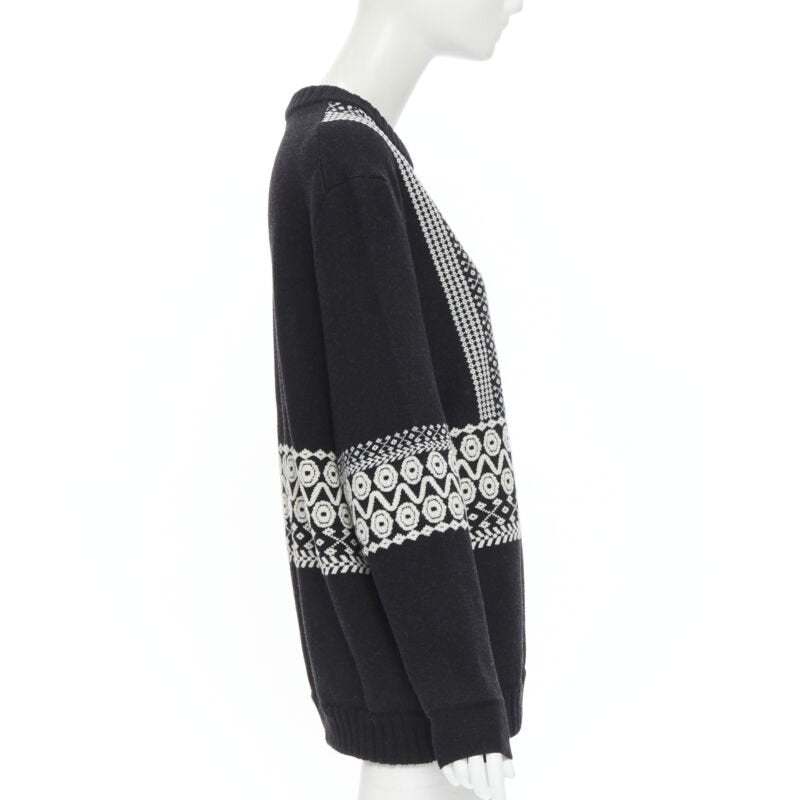 CHLOE 100% wool black white intarsia woven long sleeve sweater pullover XS