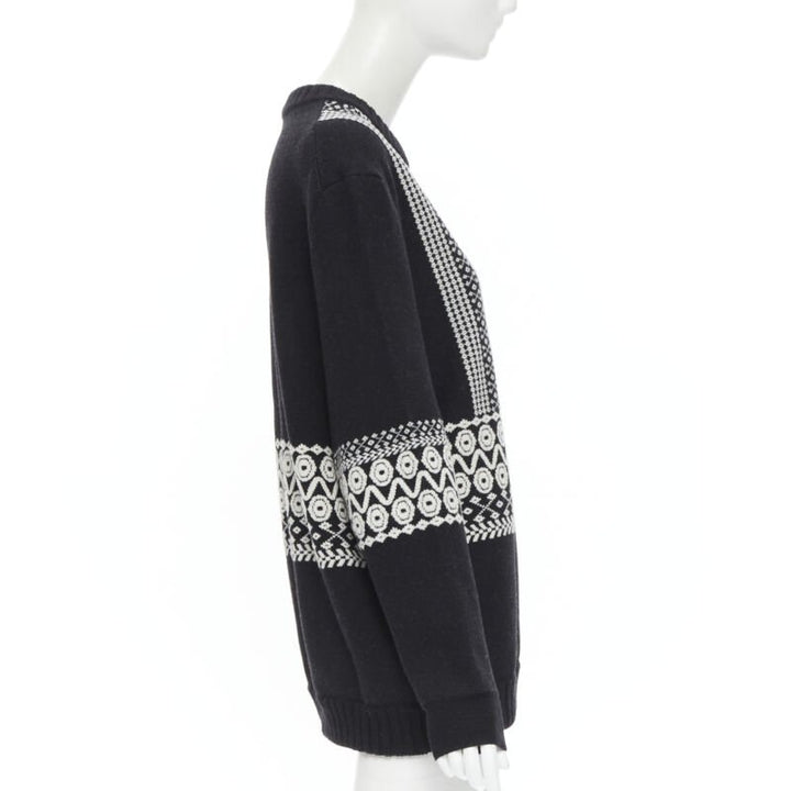CHLOE 100% wool black white intarsia woven long sleeve sweater pullover XS