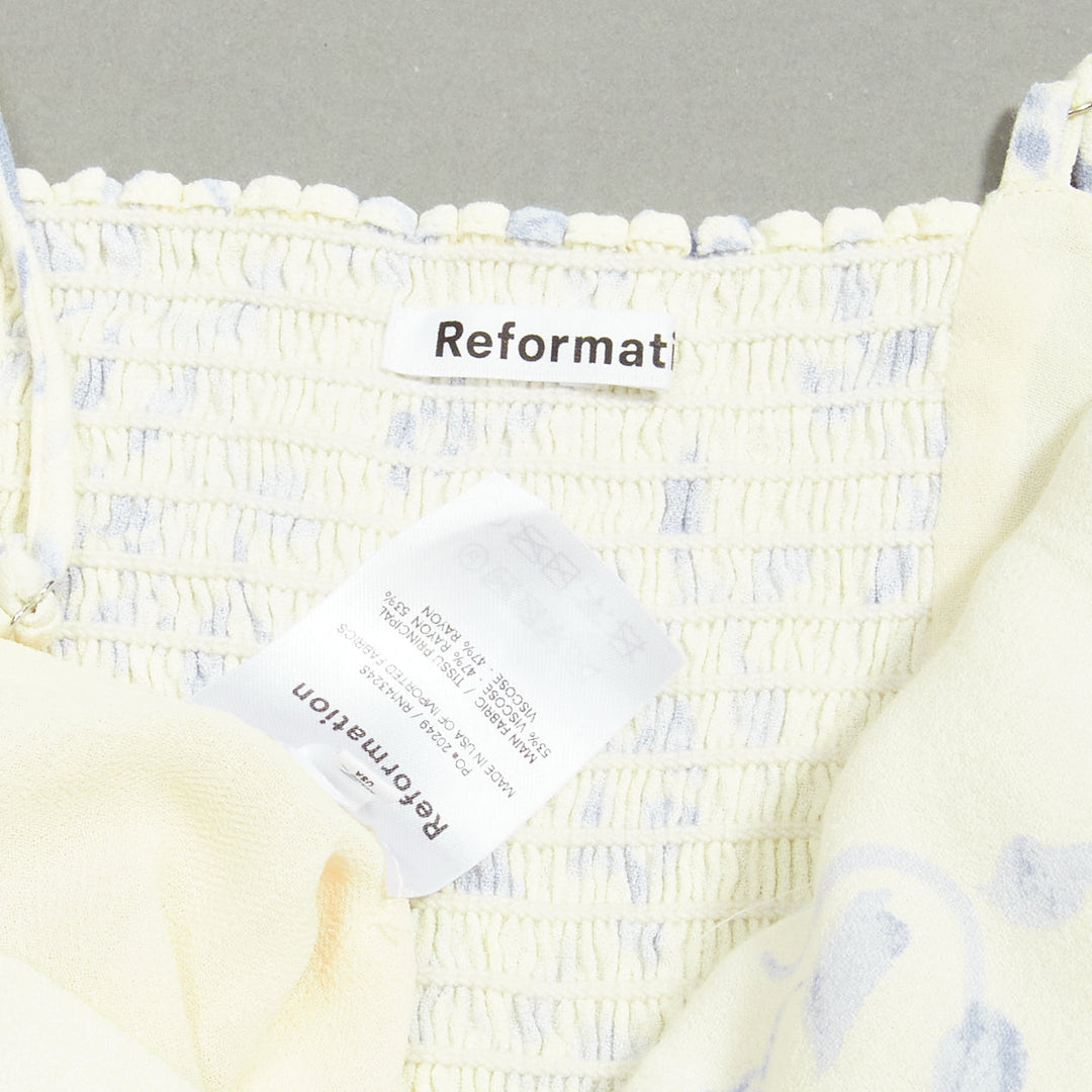 REFORMATION cream blue floral print retro ruched tank top US2 S