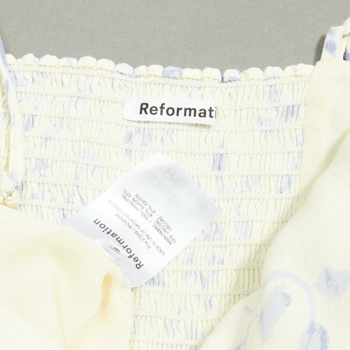 REFORMATION cream blue floral print retro ruched tank top US2 S