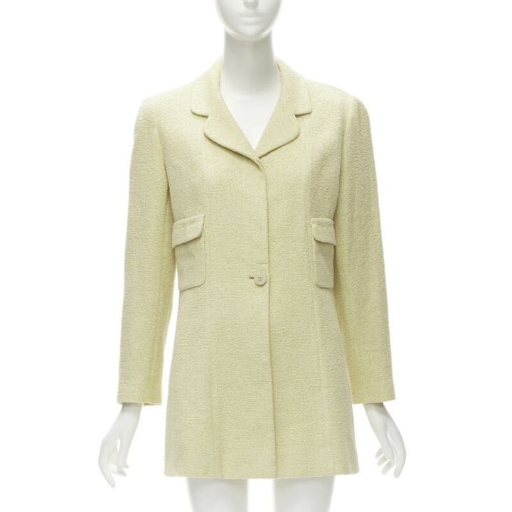 CHANEL 98C Vintage pastel yellow tweed CC button long jacket FR42 L