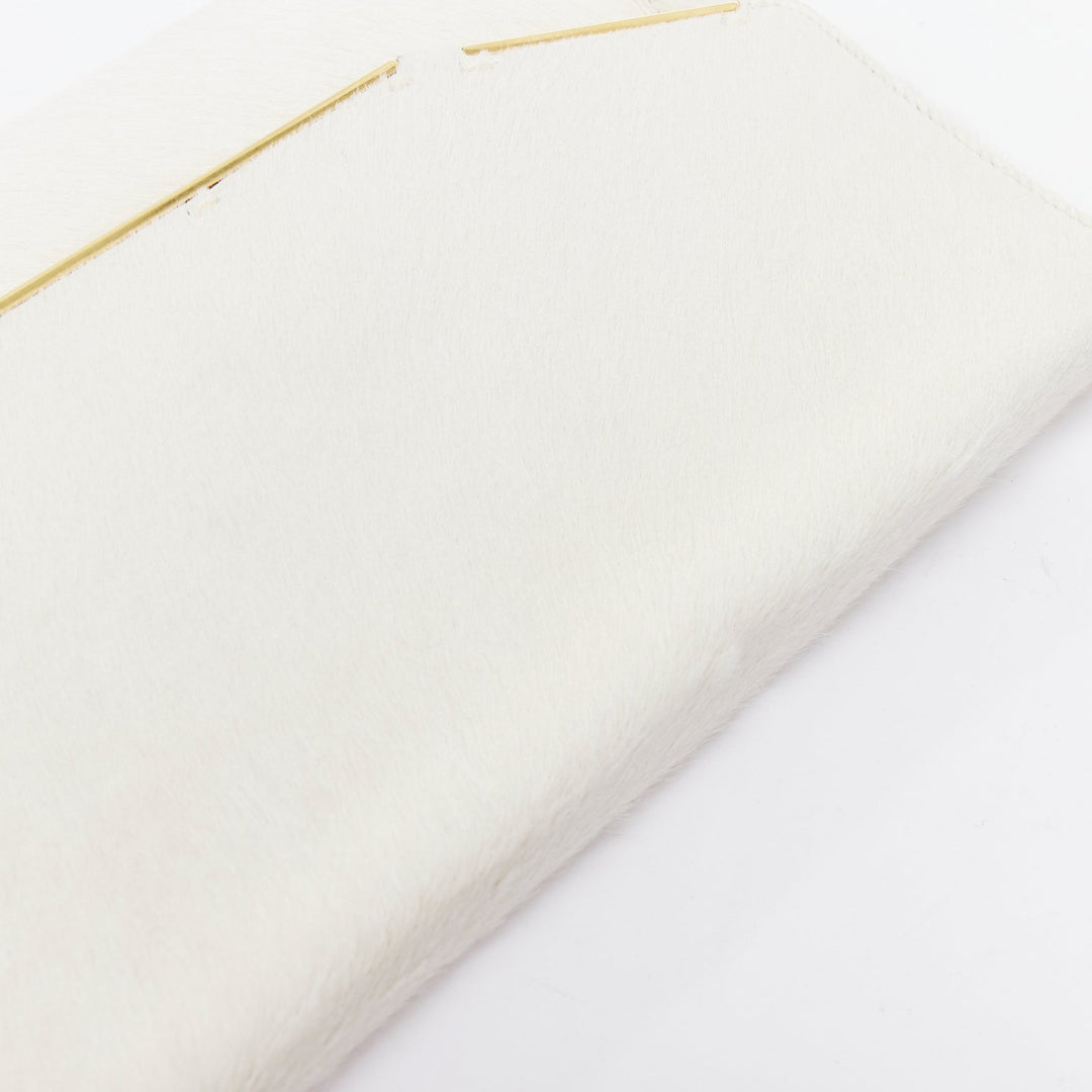 LANVIN Miss Sartorial off white calf hair gold bar flap envelope clutch bag