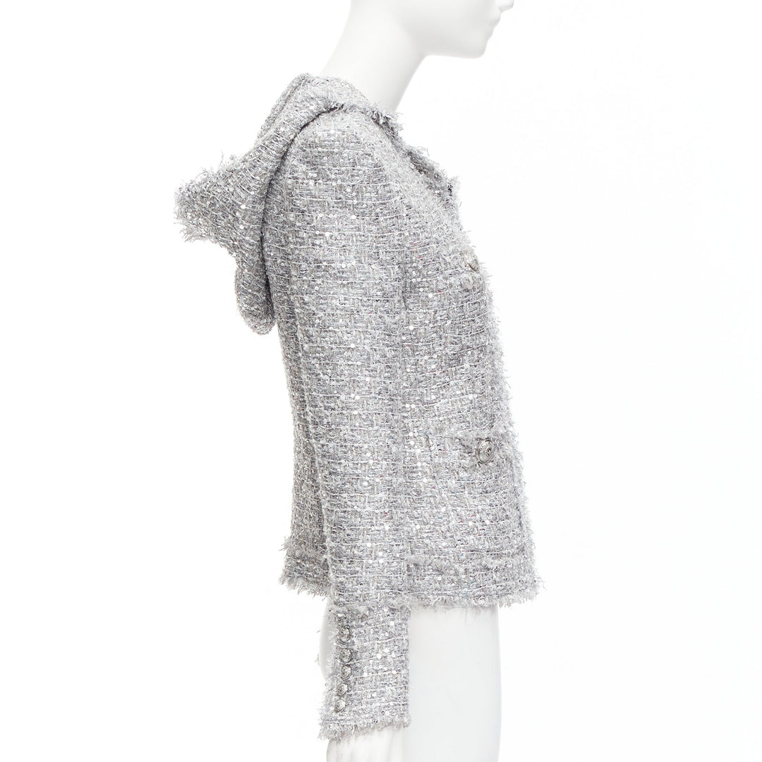 BALMAIN silver sequinned boucle tweed hooded power shoulder jacket FR36 S