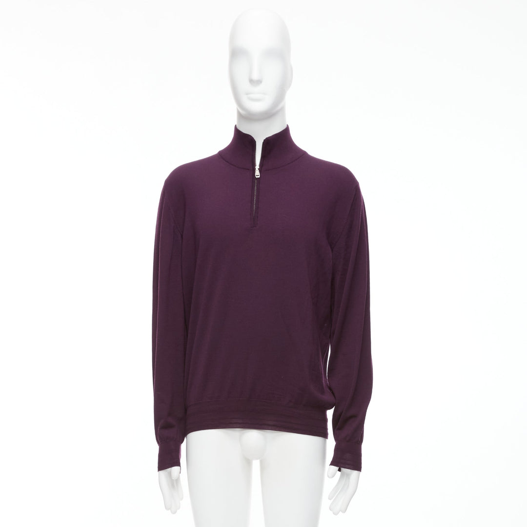 BRIONI 100% wool eggplant purple silk trimmed half zip long sleeve sweater